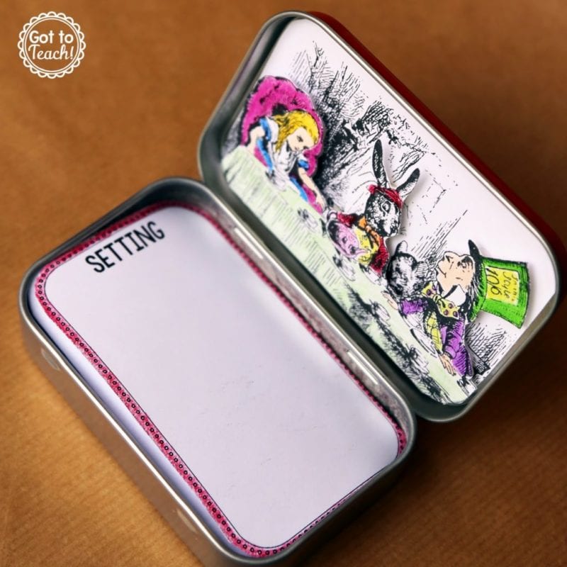 A mint tin is conversed till a book report over an illustration on the inside lid and cards telling about different parts of the record inside as an example of creative book report ideas