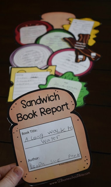 A books report made from different sheets of paper compiled to look like a sandwich as an example of creative book report ideas